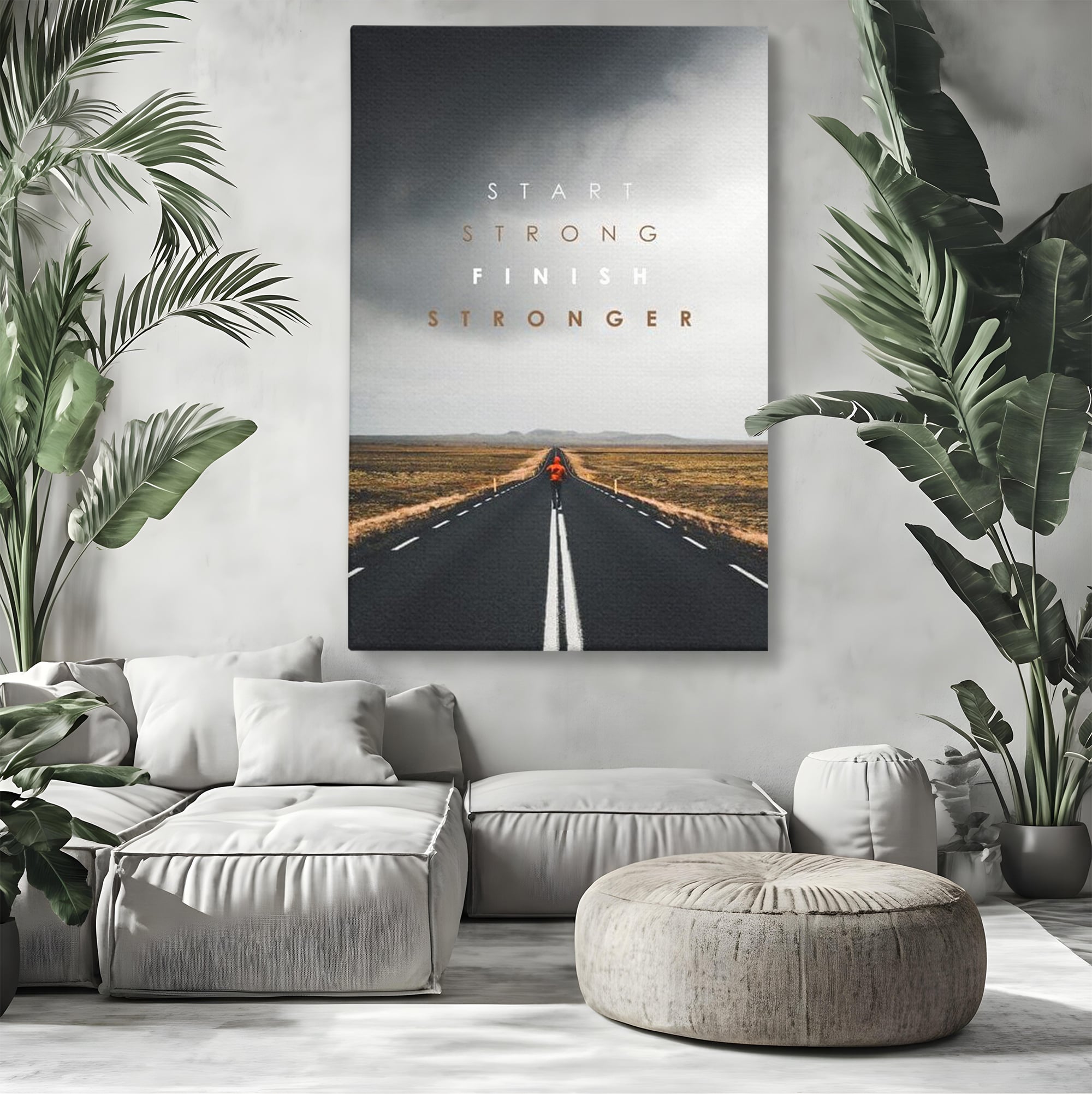 Tablou canvas cu tablou canvas cu alergator pe sosea, fara rama, pe sasiu de lemn, pe perete intr-un living